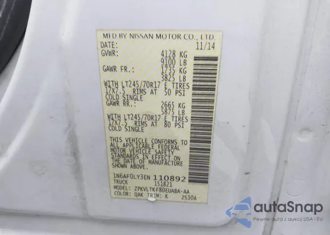 2014 Nissan Nv Cargo Nv2500 Hd Sv V8 z USA, uszkodzony, nr VIN 1N6AF0LY3EN110892